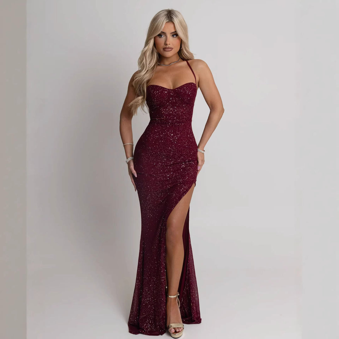 Damen Abendkleid mit schimmerndem Paillettenbesatz und verführerischem Schlitz