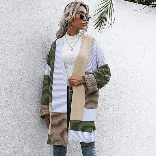 Damen Patchwork-Strickcardigan mit offenem Schnitt und kastiger Oversize-Passform Shop Nory