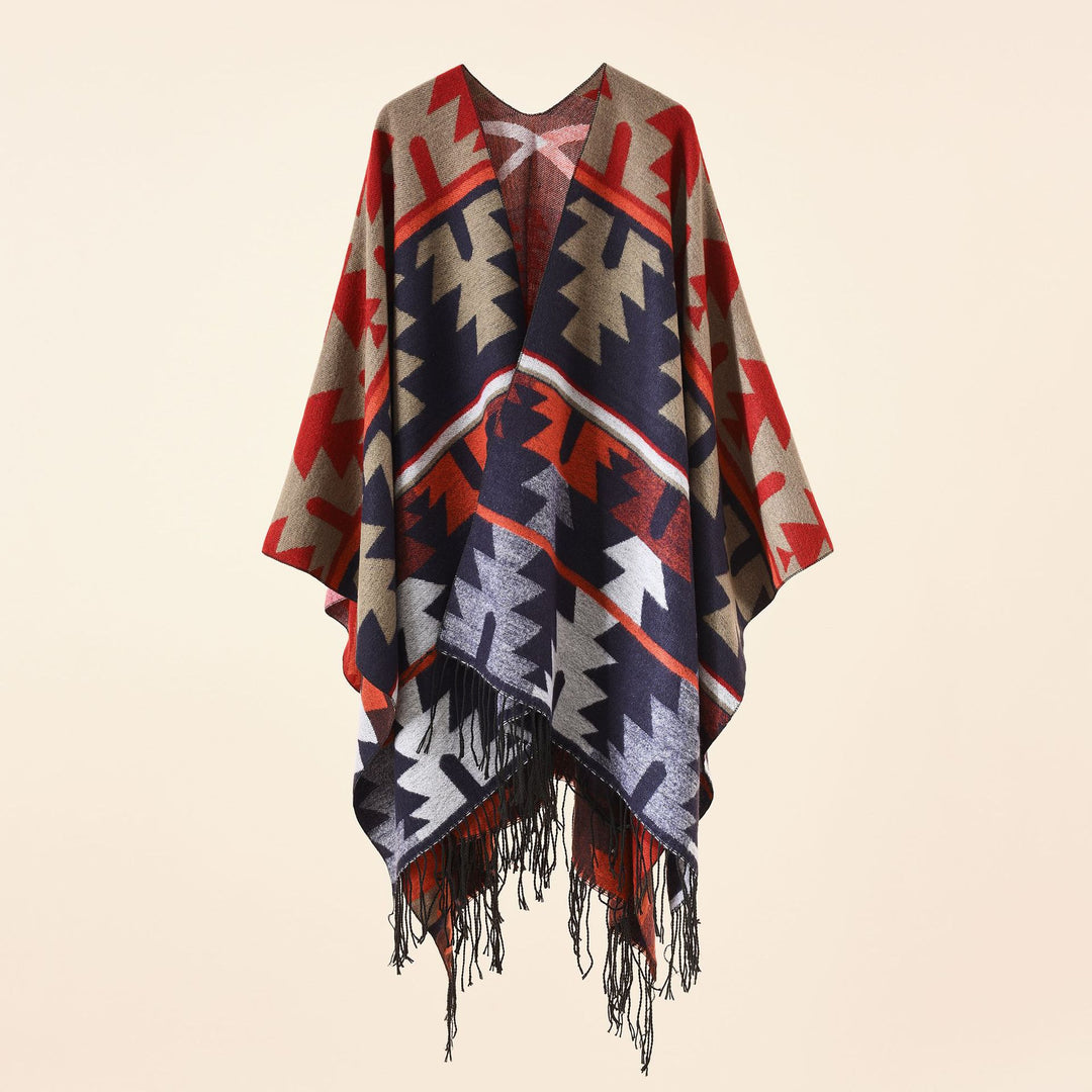 Damen Oversize-Ruana mit V‑Ausschnitt, grobem Jacquardmuster und langen Fransen Shop Nory