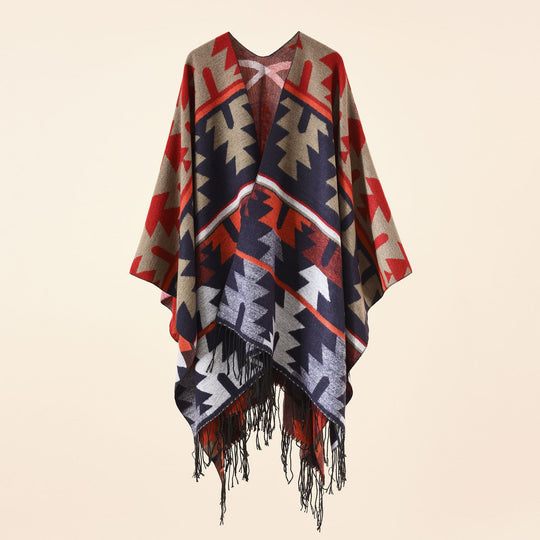 Damen Oversize-Ruana mit V‑Ausschnitt, grobem Jacquardmuster und langen Fransen Shop Nory