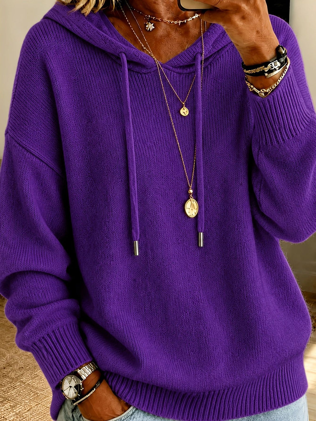 Damen Oversize Kapuzenpullover aus feinem Strick mit Kordelzug und gerippten Bündchen Shop Nory