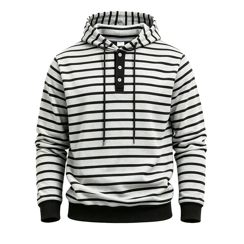 Herren Gestreifter Kapuzenpullover mit Henley‑Knopfleiste, Kordelzug und Rippbündchen Shop Nory