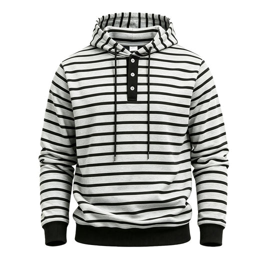 Herren Gestreifter Kapuzenpullover mit Henley‑Knopfleiste, Kordelzug und Rippbündchen Shop Nory
