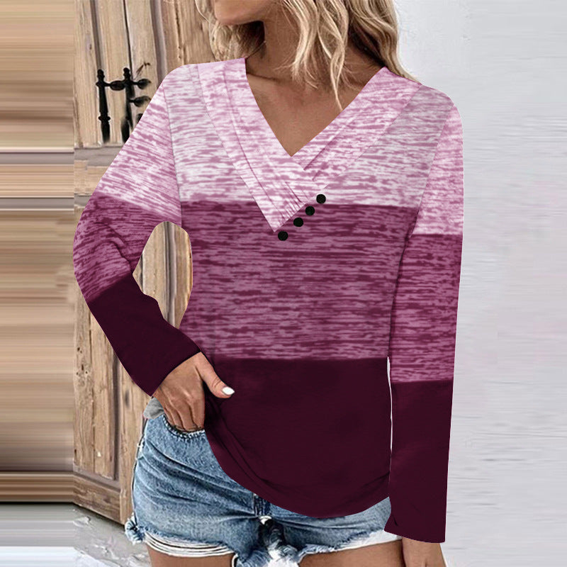 Damen Gerippter V-Ausschnitt Pullover mit Farbverlauf, Zierknöpfen und legerer Passform Shop Nory