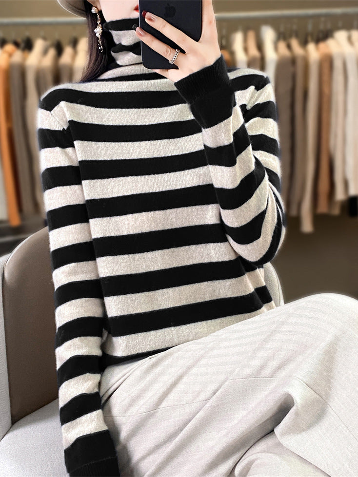 Damen Lässiger gestreifter Rollkragenpullover aus Wollmix mit legerer Passform Shop Nory