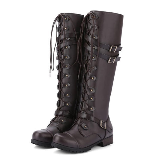Damen Kniehohe Schnürstiefel mit verstellbaren Zierschnallen und robuster Profilsohle Shop Nory