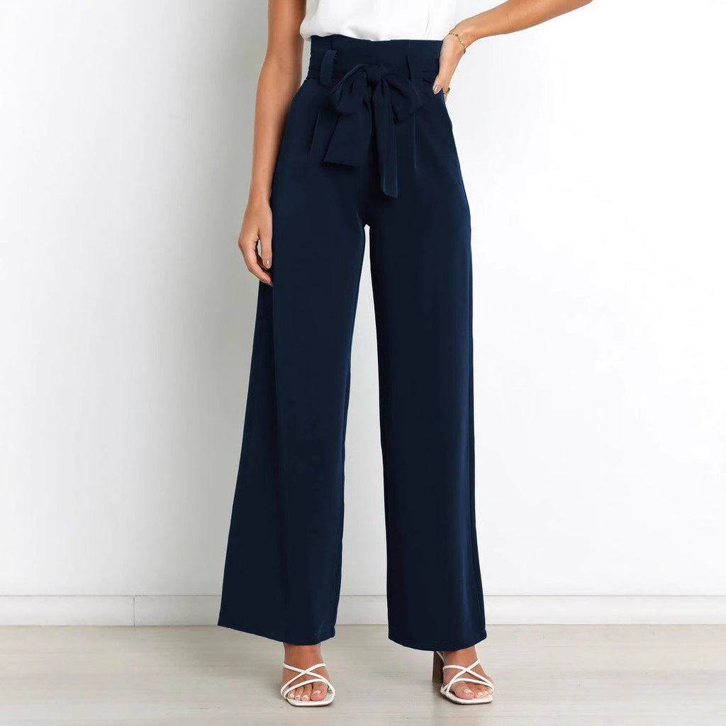Damen Weit geschnittene High-Waist-Hose mit Binde-Gürtel und Taschen