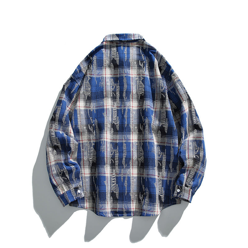 Unisex Oversize-kariertes Flanellhemd mit Destroyed-Details und Brusttasche Shop Nory