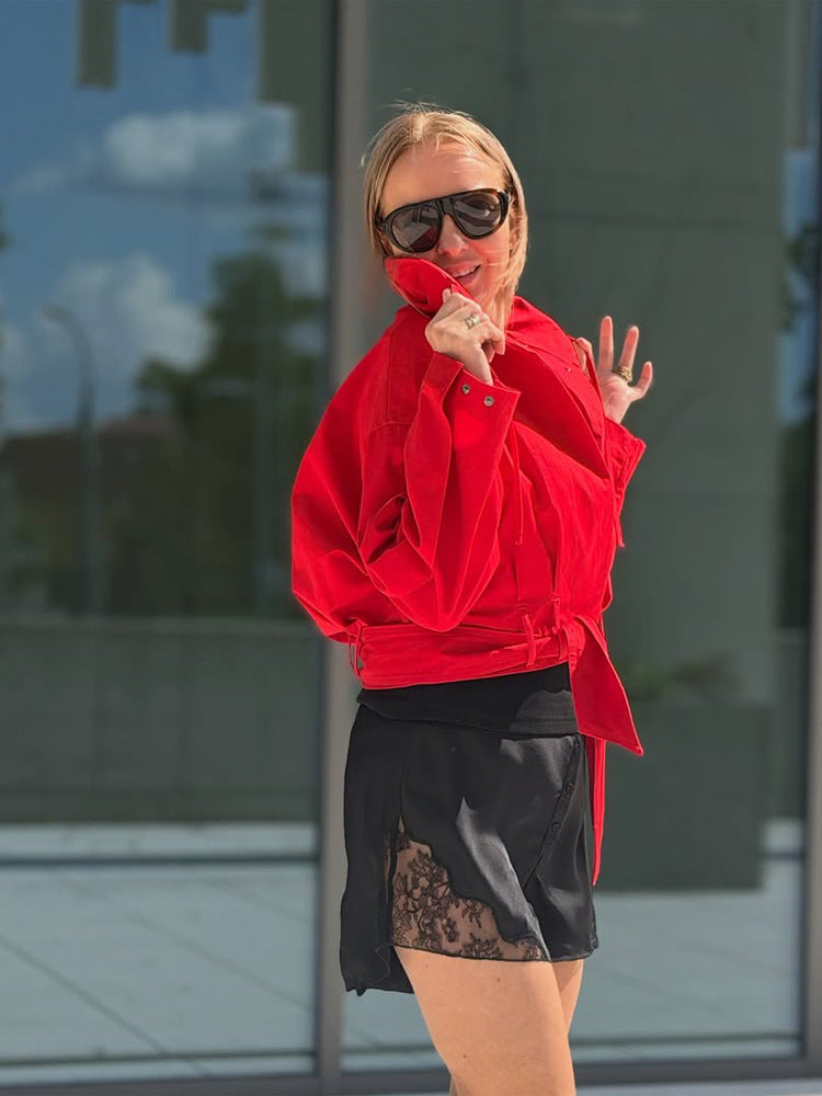 Damen Oversize Kurzjacke mit Taillengürtel und Hemdkragen Shop Nory