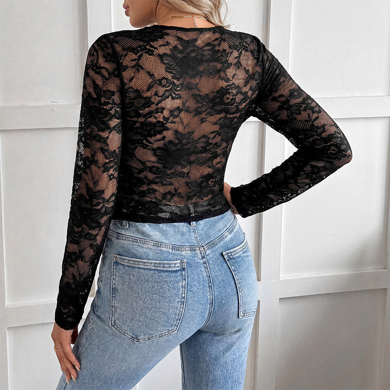 Damen Enganliegendes Spitzen-Cropped-Top mit V-Ausschnitt und BindShop Noryand Shop Nory