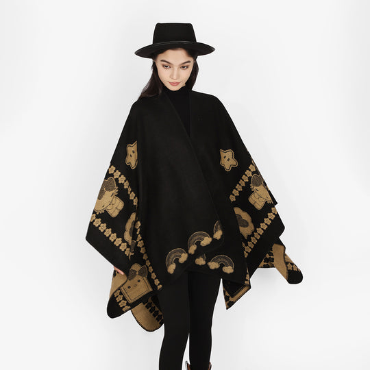 Damen Oversize-Poncho mit Jacquard‑Tiermotiv und asymmetrischem Zipfelsaum Shop Nory