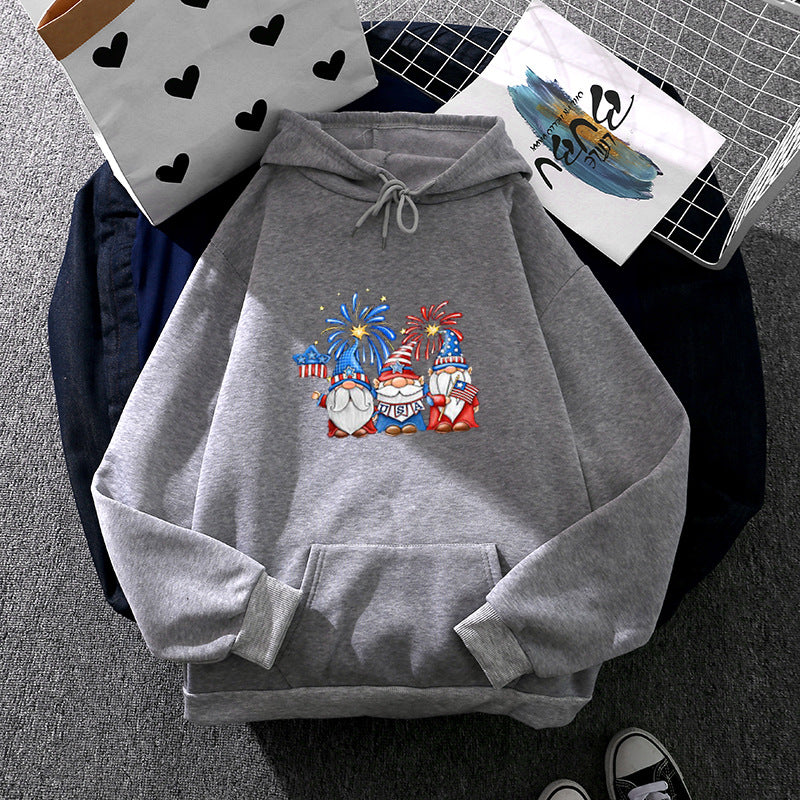 Damen nan Kapuzenpullover mit patriotischem Gartenzwerg-Print, angerautem Fleece-Innenfutter, Oversize-Schnitt und Kängurutasche Shop Nory