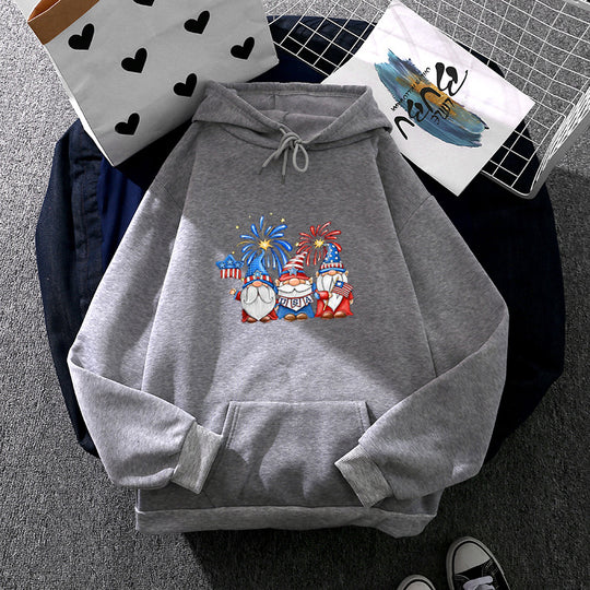 Damen nan Kapuzenpullover mit patriotischem Gartenzwerg-Print, angerautem Fleece-Innenfutter, Oversize-Schnitt und Kängurutasche Shop Nory