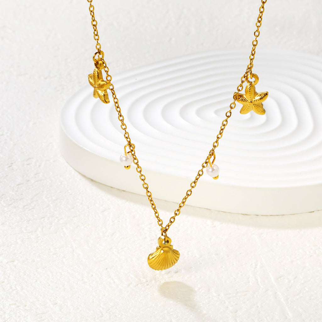 Damen Halskette mit maritimen Muscheln und Sternenanhängern Shop Nory