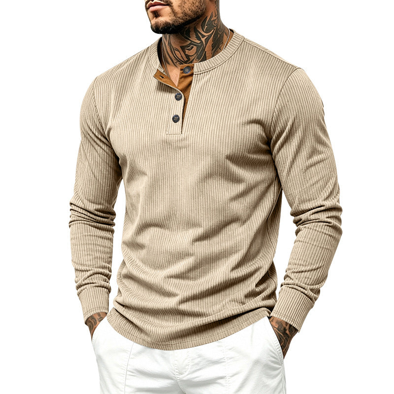 Herren Geripptes Langarm-Henley mit Stehkragen, Kontrast-Knopfleiste und Rippbündchen Shop Nory