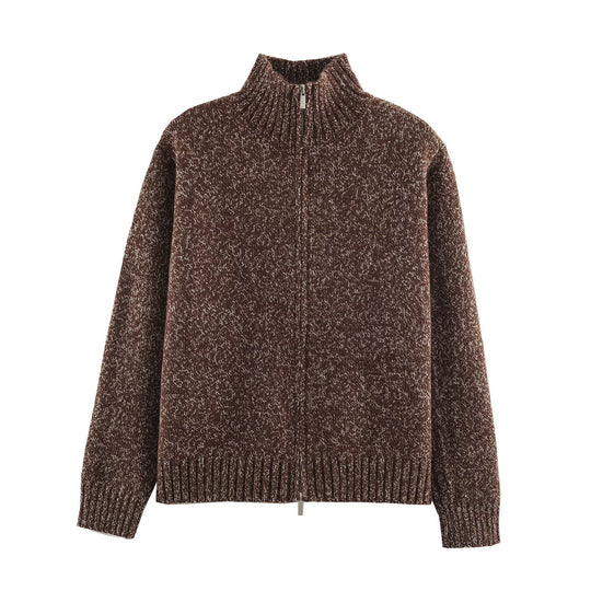 Damen Grobgestrickter Reißverschluss-Pullover mit Stehkragen und geripptem Saum Shop Nory