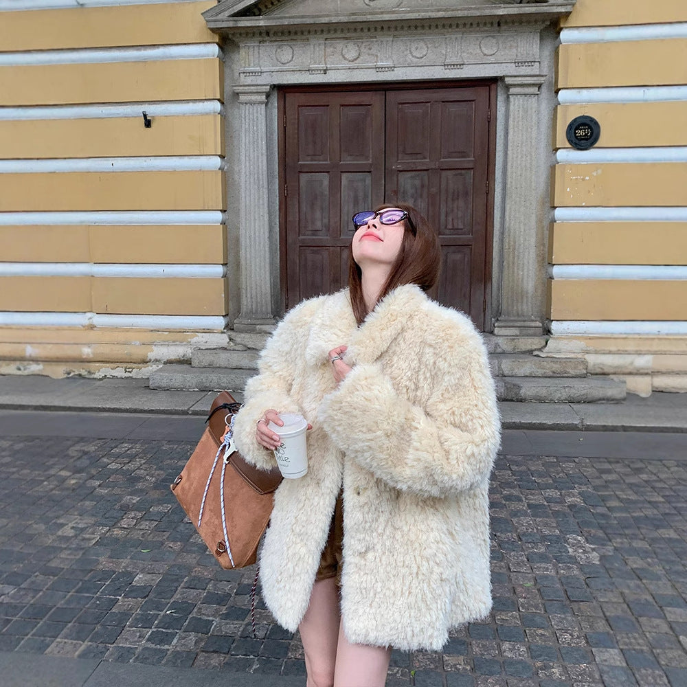 Damen Oversized Kunstfell‑Mantel mit Teddy‑Optik, Stehkragen und Eingrifftaschen Shop Nory