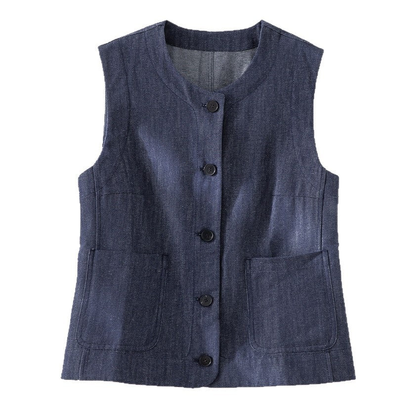 Damen Ärmellose leicht taillierte Weste aus Leinen-Denim mit Knopfleiste und aufgesetzten Taschen Shop Nory