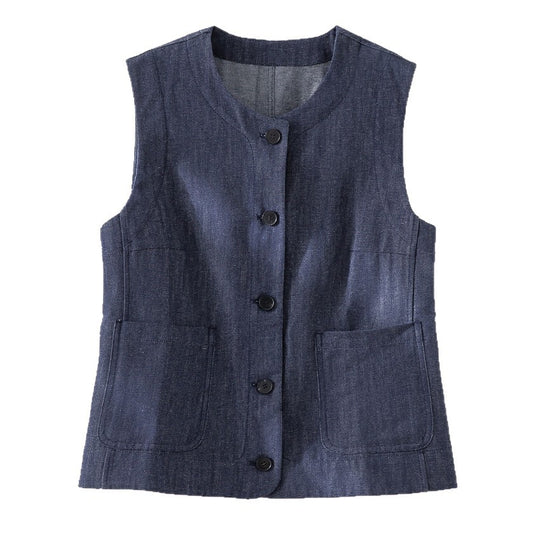 Damen Ärmellose leicht taillierte Weste aus Leinen-Denim mit Knopfleiste und aufgesetzten Taschen Shop Nory