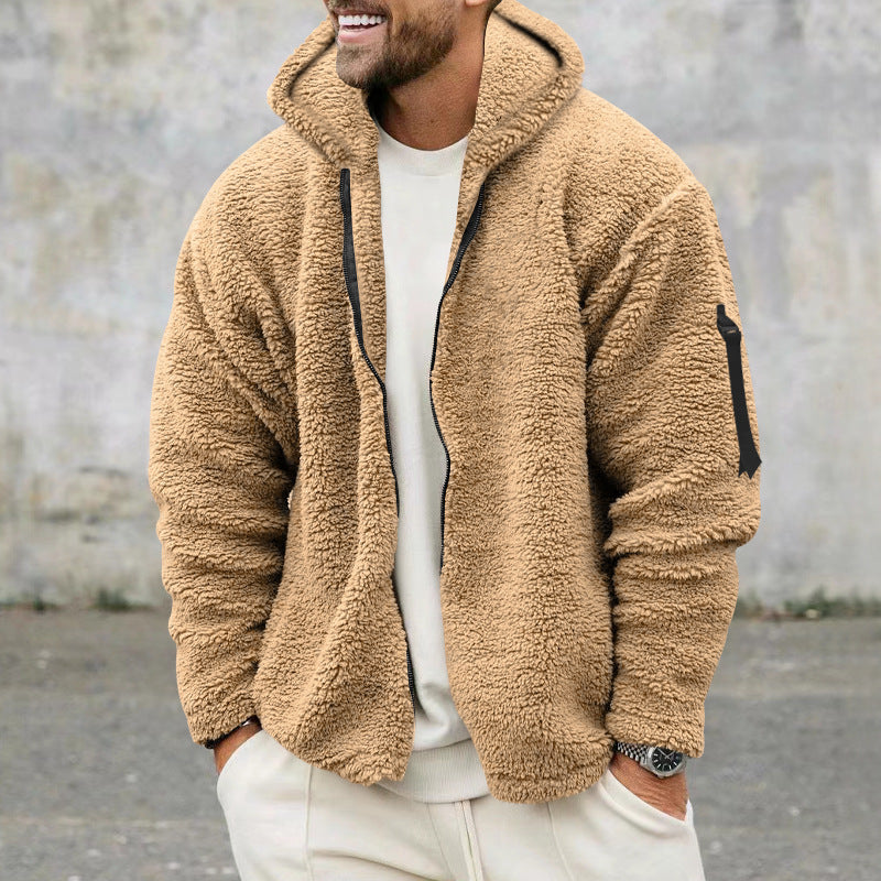 Herren nan Sherpa-Fleece Kapuzenjacke mit durchgehendem Reißverschluss und Ärmel-Tasche
