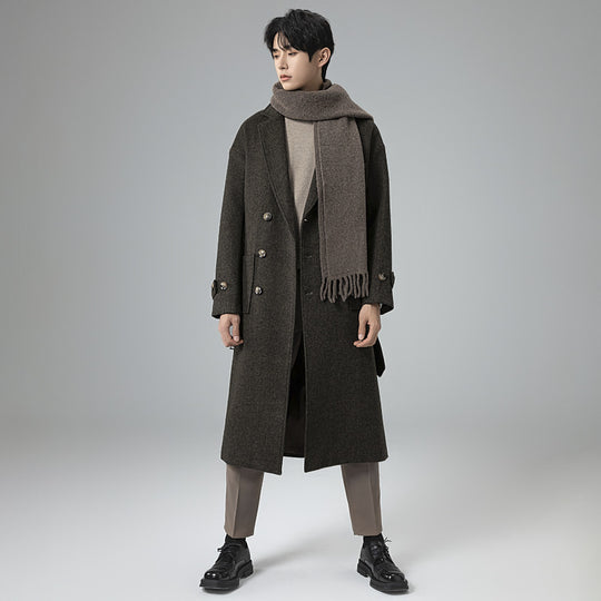 Herren Maxilanger Wollmix-Mantel im Tweed-Look mit Oversize-Schnitt, Doppelreihe und Bindegürtel Shop Nory