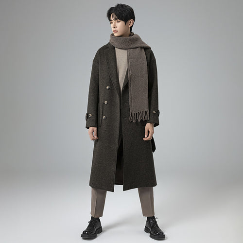 Herren Maxilanger Wollmix-Mantel im Tweed-Look mit Oversize-Schnitt, Doppelreihe und Bindegürtel Shop Nory