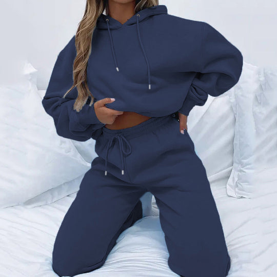 Damen kuscheliges Cropped-Kapuzen-Lounge-Set mit hochgeschnittener Tunnelzug-Jogginghose Shop Nory