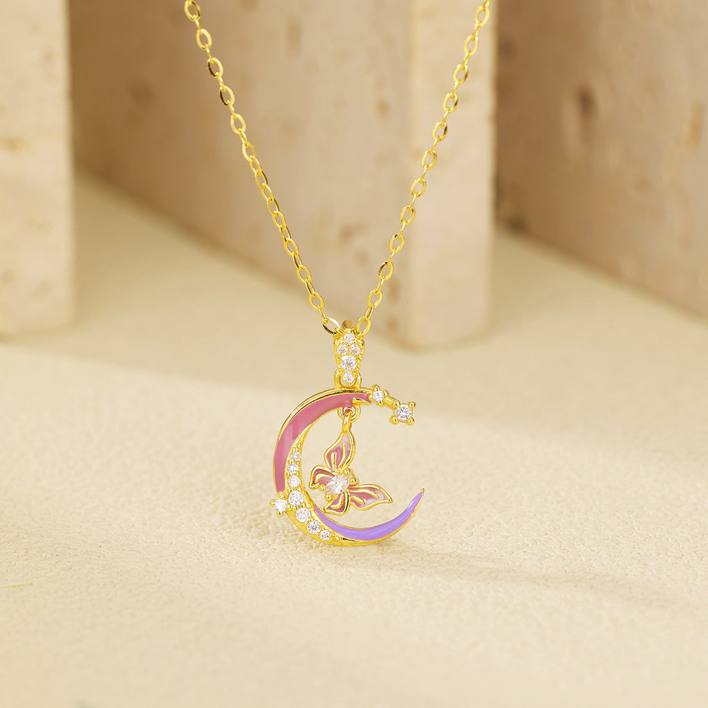 Damen Halskette mit kunstvollem Mond- und Schmetterlingsanhänger Shop Nory