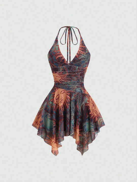 Damen lässiges Strandkleid mit asymmetrischem Saum und raffiniertem Druck