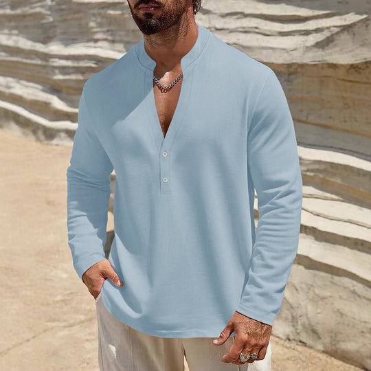 Herren Leichtes Leinen-Henley mit Stehkragen und 2-Knopf-Blende Shop Nory