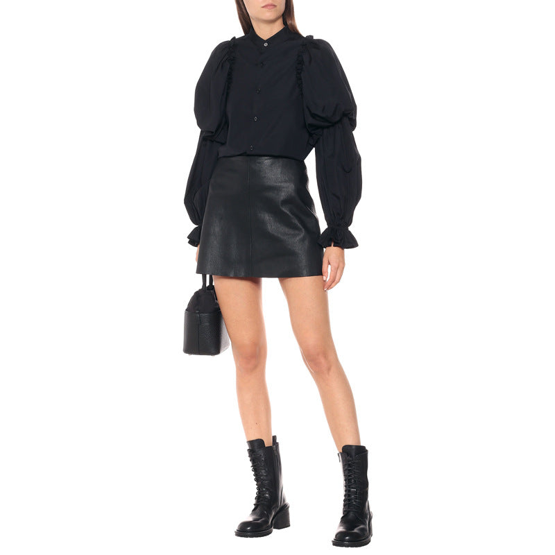 Damen Puffärmel-Bluse mit Stehkragen und Volantmanschtten Shop Nory