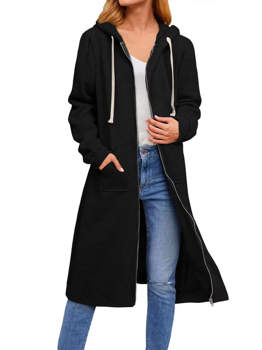 Damen Langer Kapuzen-Sweatmantel mit Zwei-Wege-Reißverschluss und Kängurutaschen Shop Nory