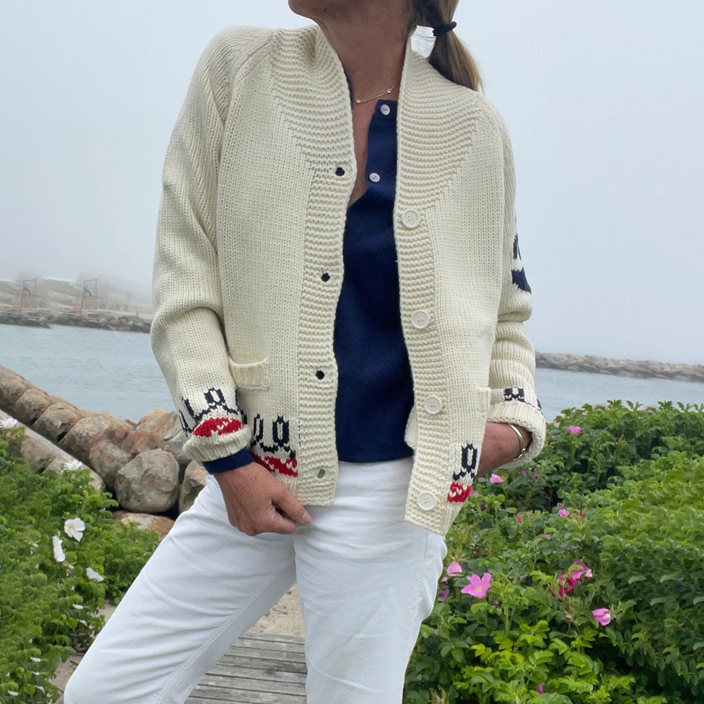 Damen Oversize Strickcardigan mit Walmotiv und nautischer Kontrastbordüre Shop Nory