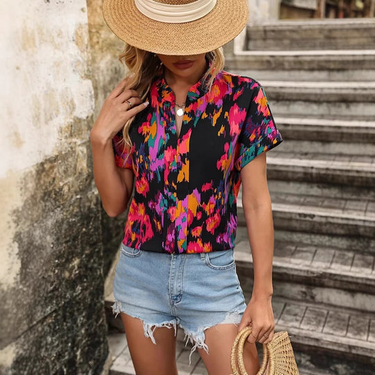 Damen Leichte Oversize Tunika‑Bluse mit Stehkragen, Cap‑Ärmeln und großem Blumenprint Shop Nory