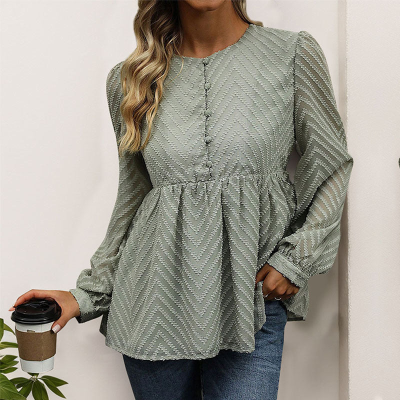 Damen Chiffon-Peplum-Bluse mit Chevron-Struktur, geraffter Empire-Taille & Knopfleiste Shop Nory