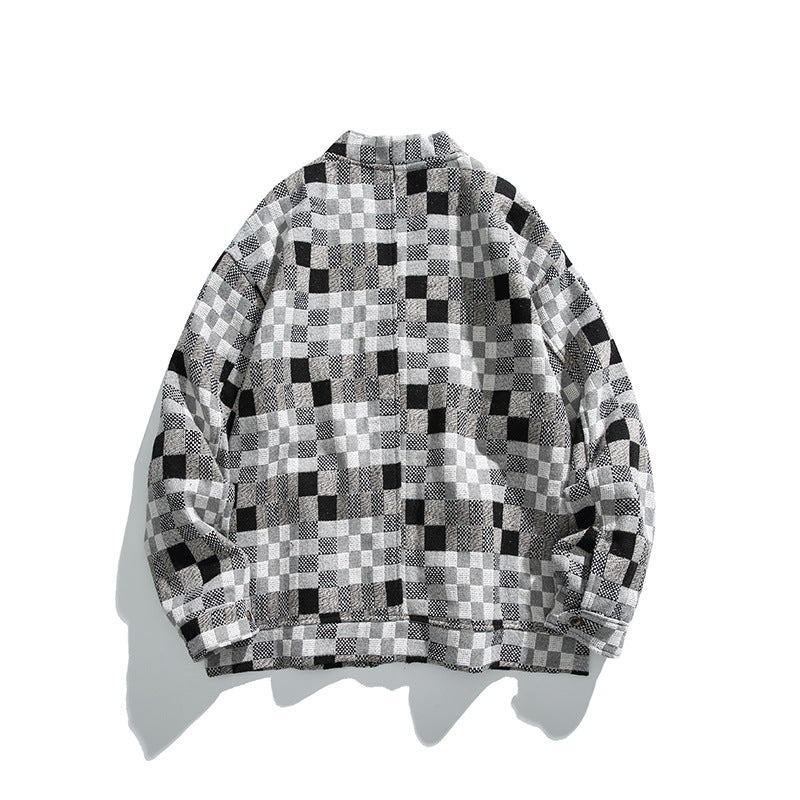 Unisex Boxy-Strickjacke im Patchwork-Karo mit V-Ausschnitt, Druckknopffront und aufgesetzten Taschen Shop Nory