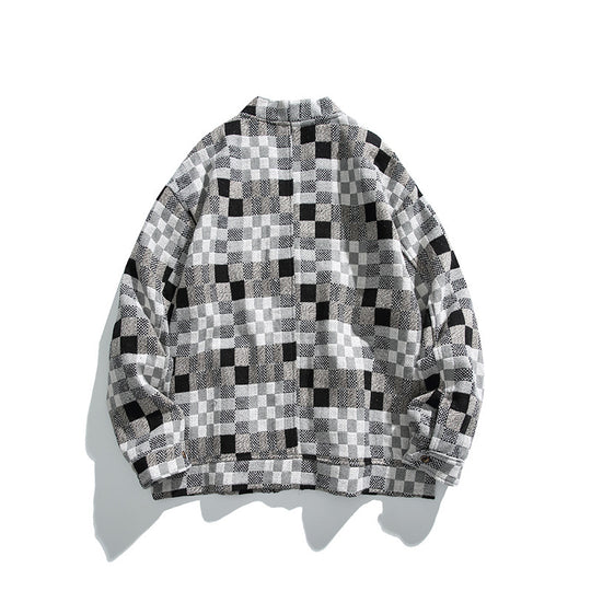 Unisex Boxy-Strickjacke im Patchwork-Karo mit V-Ausschnitt, Druckknopffront und aufgesetzten Taschen Shop Nory
