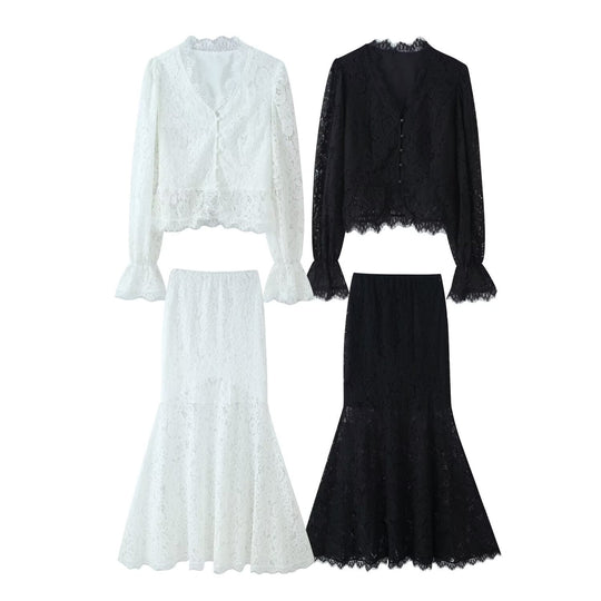Damen Spitzenblusen- und Rock-Set Shopnory