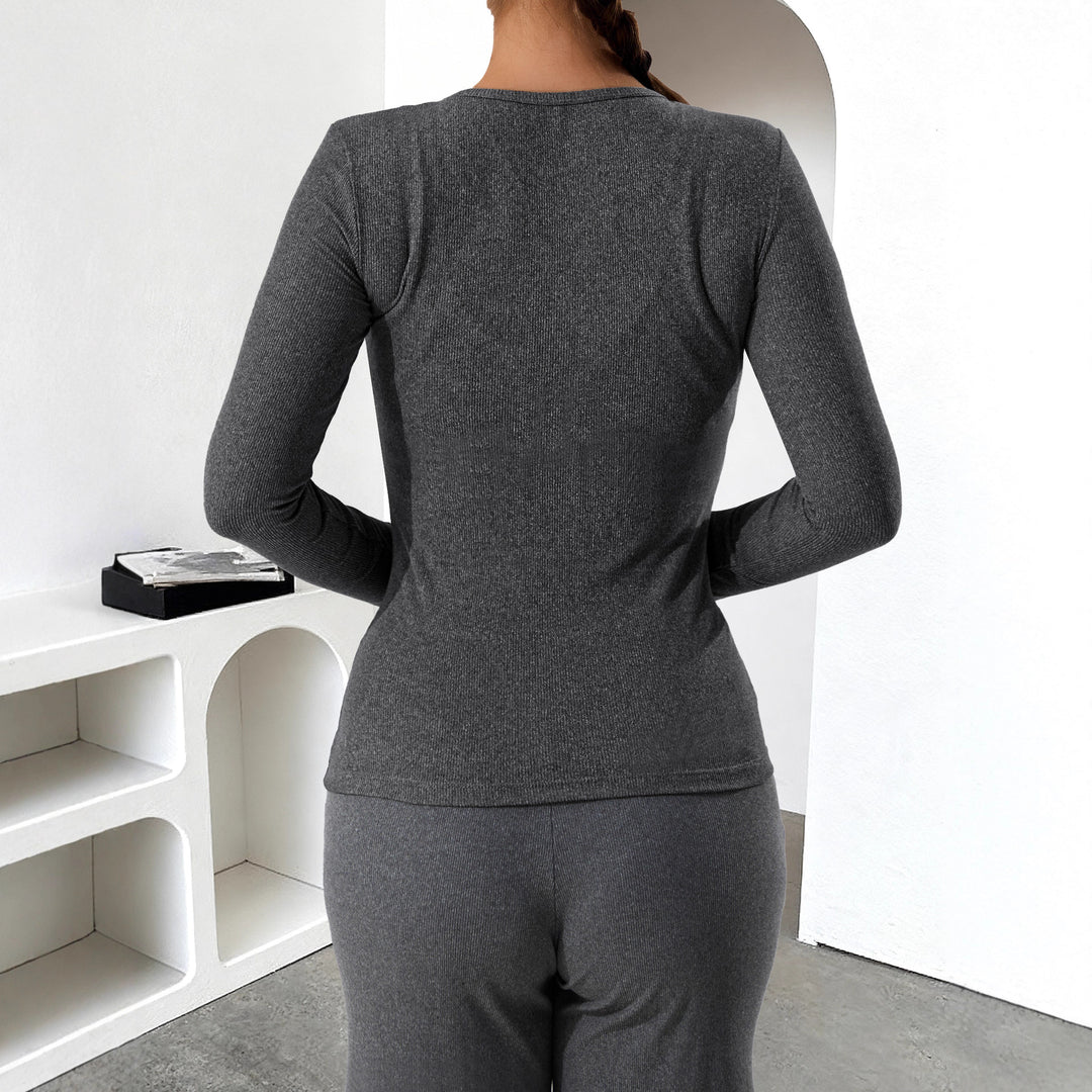 Damen Geripptes Henley-Langarmshirt mit Knopfleiste und figurnahem Schnitt Shopy Nory