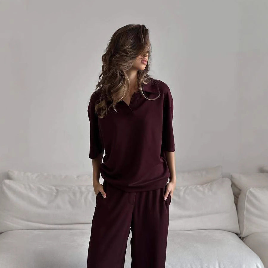 Damen Loungewear-Set mit offenem Polokragen und weiter Komforthose Shop Nory