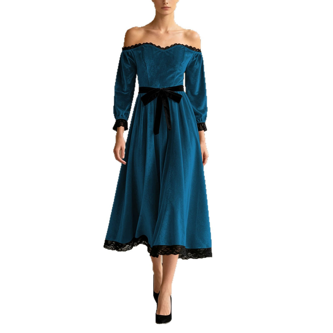 Damen Schulterfreies Samtkleid mit Spitzenbesatz, Samt-Taillengürtel und ausgestelltem Midirock Shop Nory