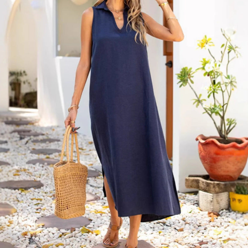 Damen Lässiges Maxikleid mit seitlichen Schlitzen und modischem Kragen Shopnory
