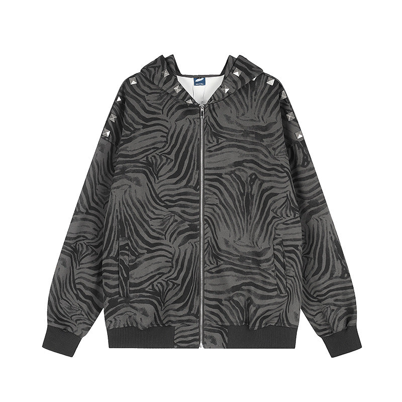 Damen Oversize-Zip-Hoodie mit Zebra-Alloverprint, Nietenbesatz und Rippbündchen Shop Nory