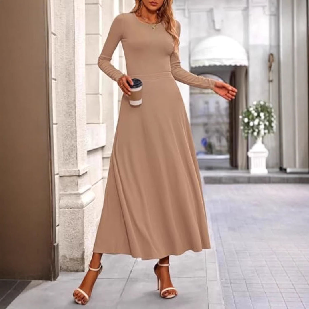 Damen Langärmeliges Maxikleid mit tailliertem Oberteil und fließendem A-Linien-Rock Shop Nory