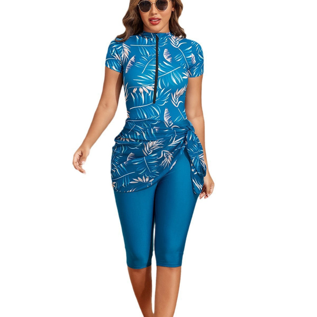 Damen Sportlicher Einteiler Badeanzug mit ergänzenden Leggings und Wickelrock