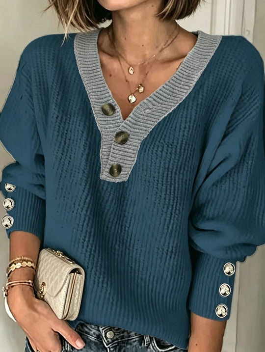 Damen Feinstrickpullover mit tiefem V-Ausschnitt, kontrastierter Knopfleiste und Zierknopf-Ärmeln Shop Nory