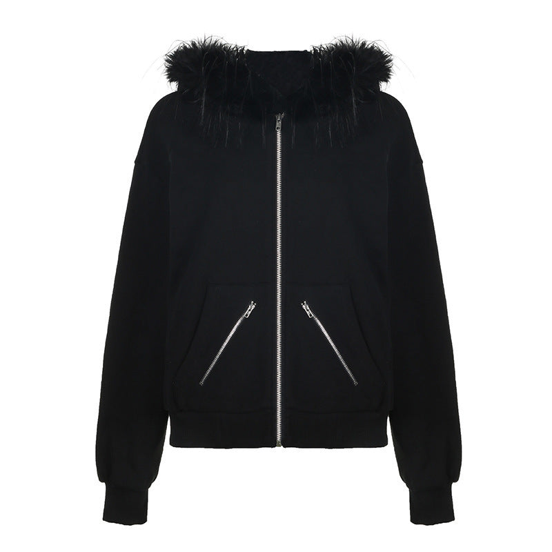 Damen warme Sweatjacke mit abnehmbarem Kunstfellkragen