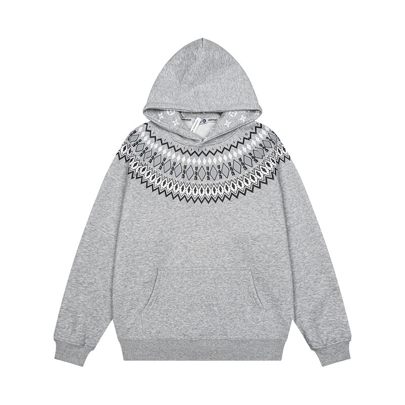 Unisex Oversize Kapuzenpullover mit nordischem Rundpasse-Jacquard, Kängurutasche und Rippbündchen Shop Nory