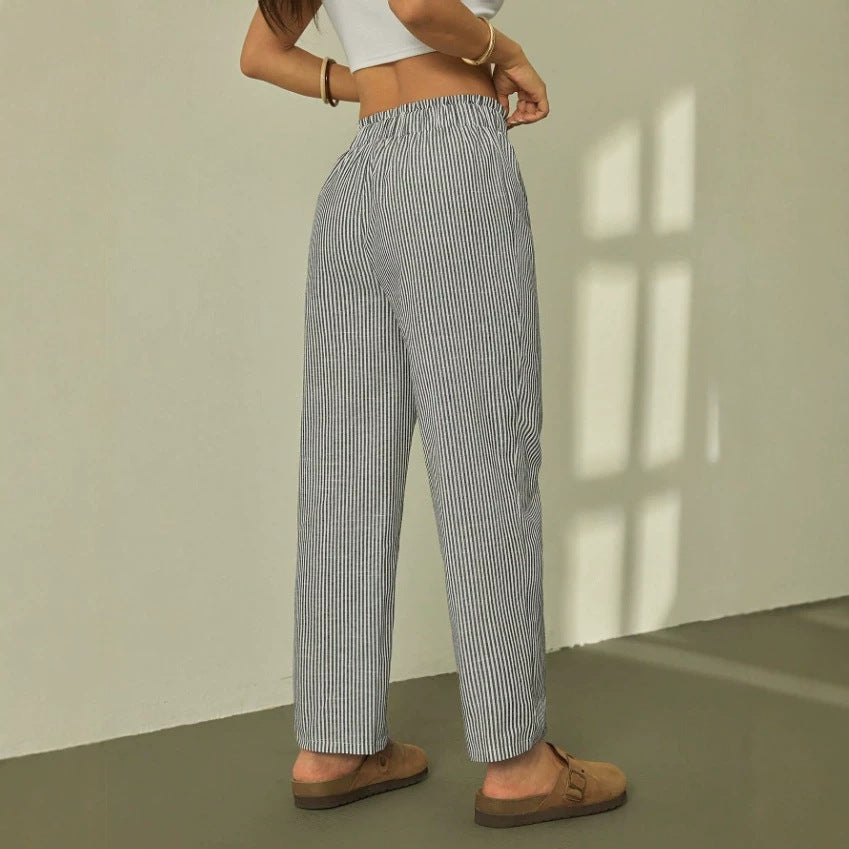 Damen Leinenoptik-Relaxhose mit High-Waist, Kordelzug und Nadelstreifen Shop Nory