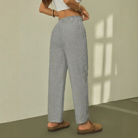 Damen Leinenoptik-Relaxhose mit High-Waist, Kordelzug und Nadelstreifen Shop Nory